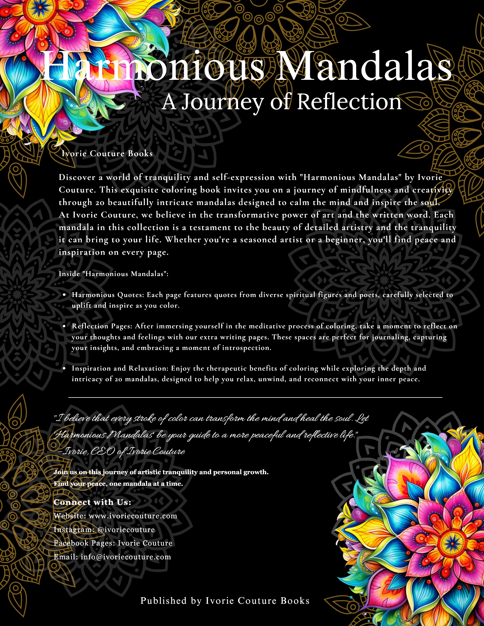 Harmonious Mandalas: A Journey of Reflection (Black Cover) ivorie couture