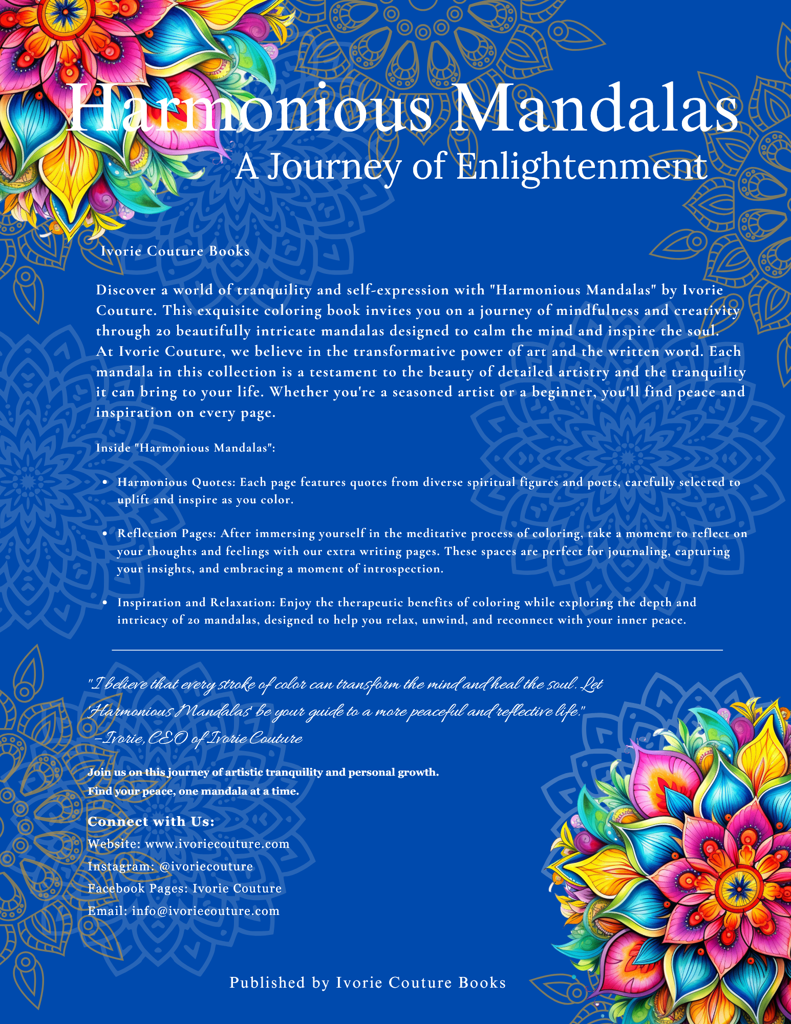 Harmonious Mandalas: A Journey of Healing (Blue Cover) ivorie couture