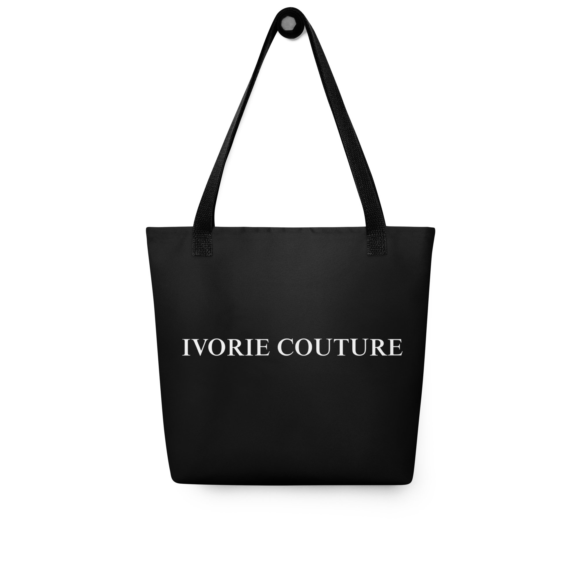 Ivorie Couture Noir Luxury Carry-All Black Tote  Bag hanging to show size photo